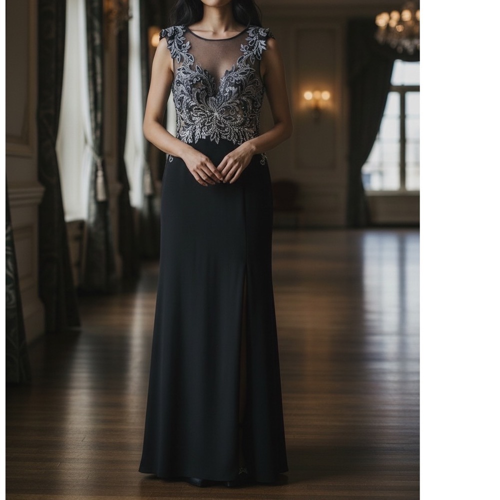Madison James Black Sequin Illusion Bodice Evening Gown Side Slit Dress 8